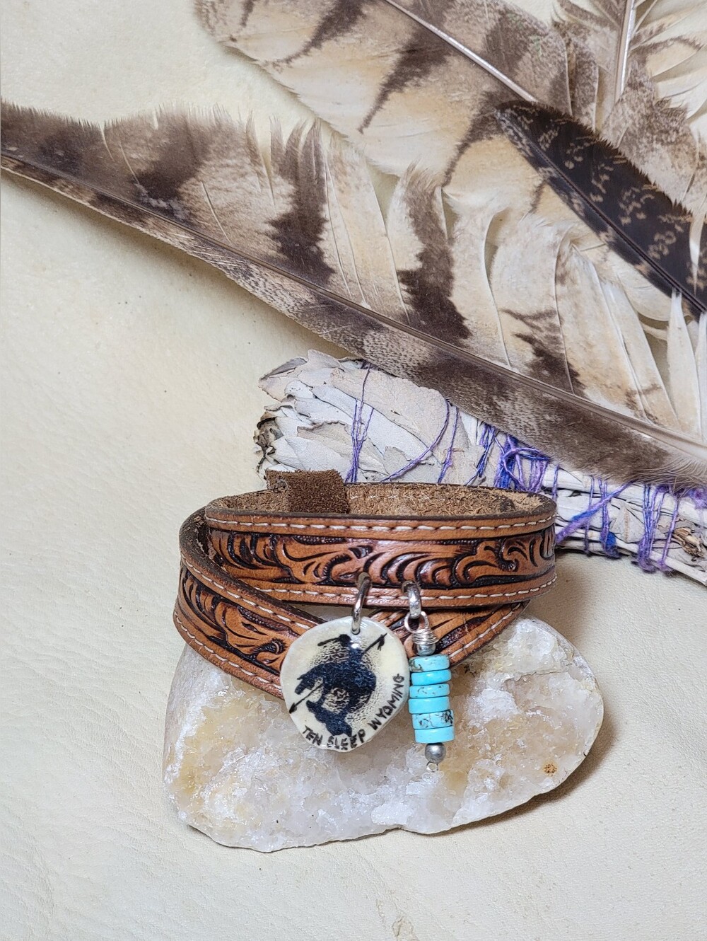 Tooled Leather Native Indian Cuff Bracelet with Turquoise Charm